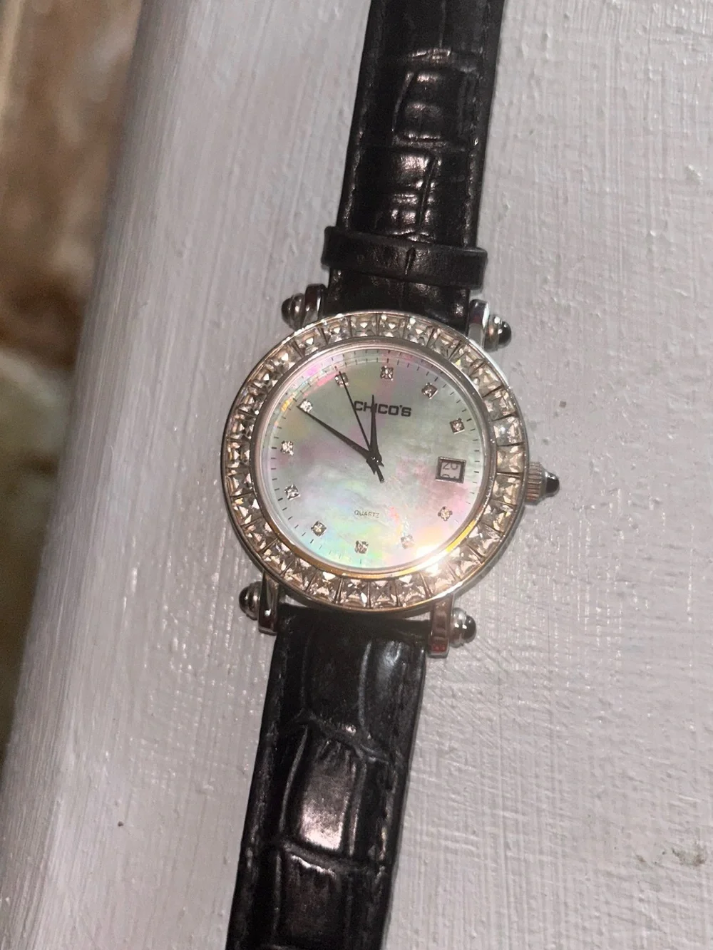 Womens Chicos Watch with rhinestone circled face on Leather Strap